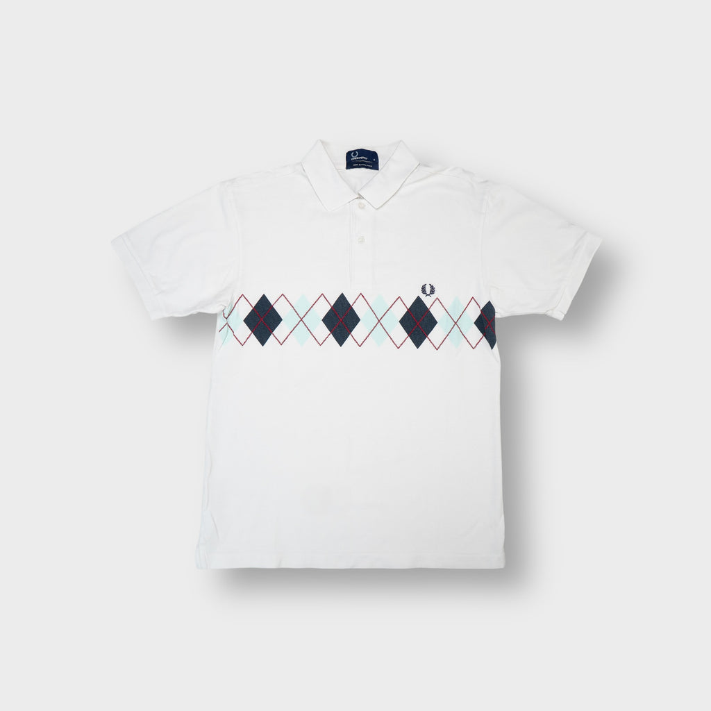 Fred Perry polo shirt in white featuring a blue and red argyle chest pattern
