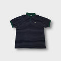 Lacoste striped navy polo shirt with a contrasting green collar and crocodile logo patch