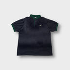 Lacoste striped navy polo shirt with a contrasting green collar and crocodile logo patch