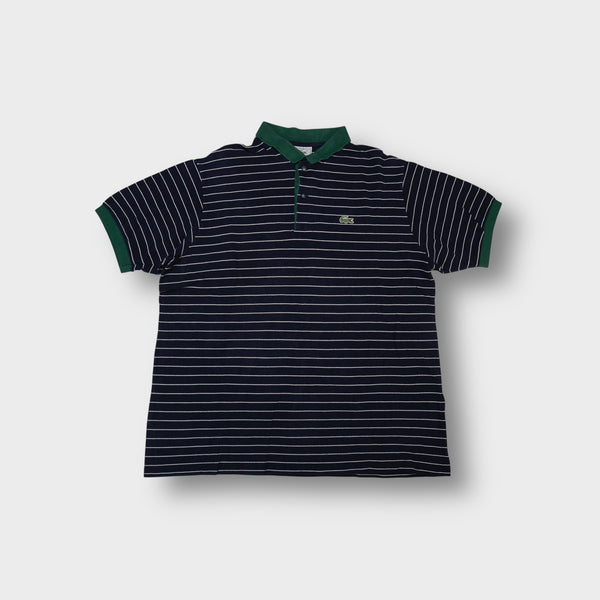 Lacoste striped navy polo shirt with a contrasting green collar and crocodile logo patch