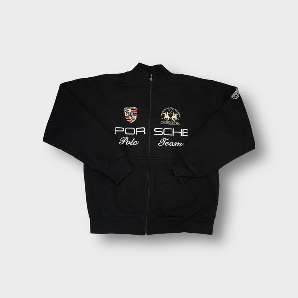 La Martina jacket in black with embroidered Porsche crest and Polo Team lettering