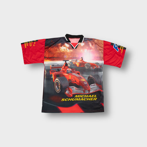 Ferrari F1 T-Shirt in red and black with Michael Schumacher racing print on the front