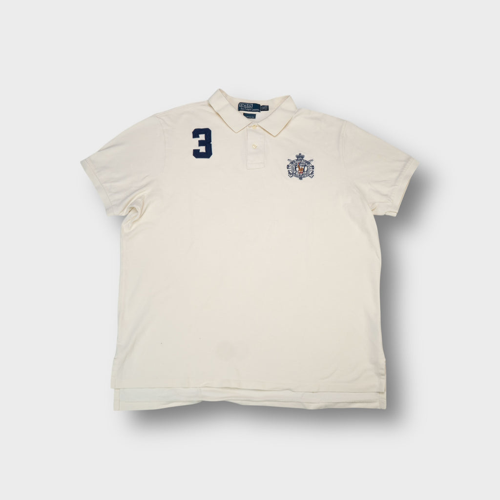 Ralph Lauren polo shirt in white featuring embroidered chest crest and number three