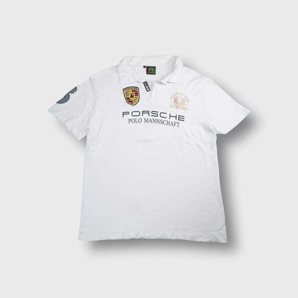 La Martina polo shirt in white featuring a Porsche shield crest patch on the chest