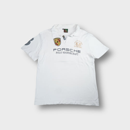 La Martina polo shirt in white featuring a Porsche shield crest patch on the chest