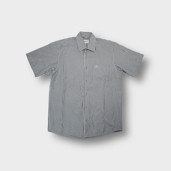 Armani Collezioni short-sleeve shirt in grey and white vertical stripes with chest pocket