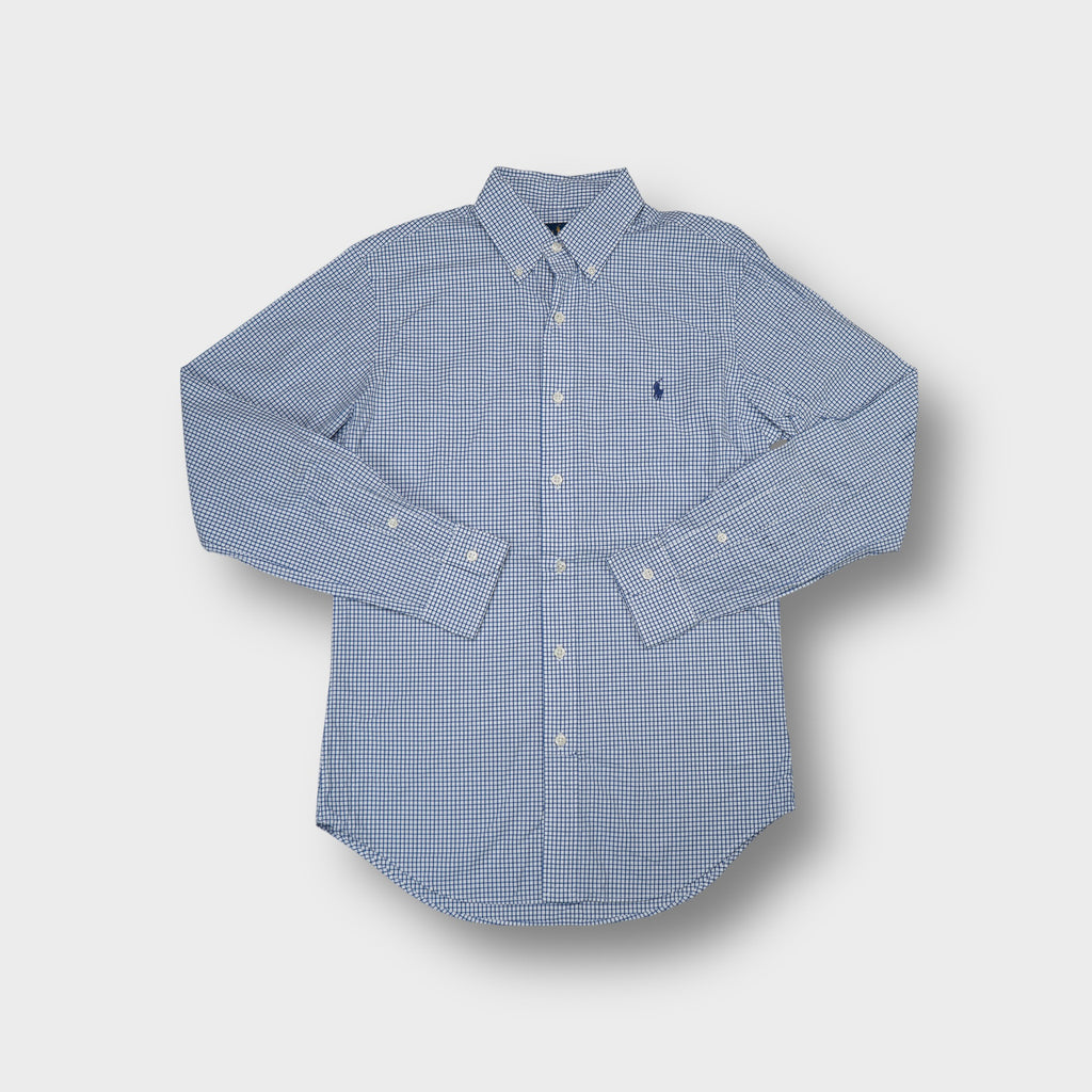 Ralph Lauren shirt in blue and white check with embroidered pony logo on chest