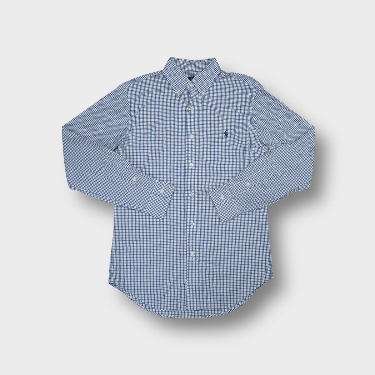 Ralph Lauren shirt in blue and white check with embroidered pony logo on chest