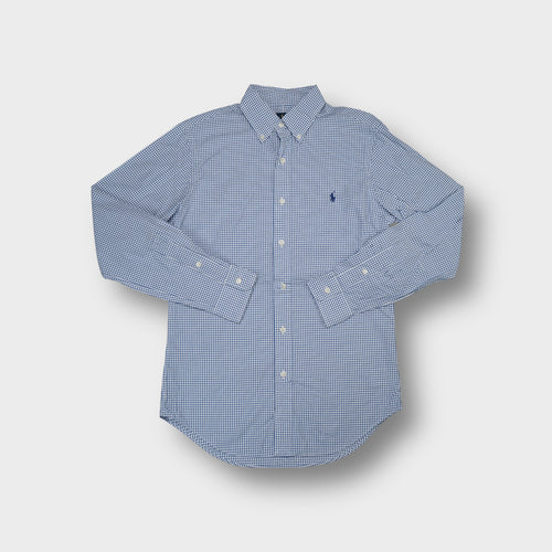 Ralph Lauren shirt in blue and white check with embroidered pony logo on chest