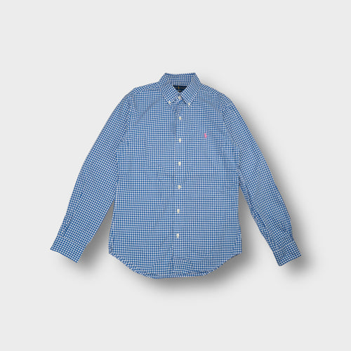 Ralph Lauren long-sleeve shirt in blue and white check with pink pony embroidery