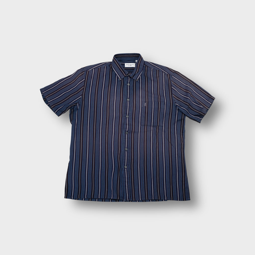 Yves Saint Laurent short sleeve shirt in navy blue with vertical stripes and YSL embroidery