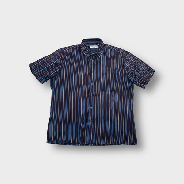 Yves Saint Laurent short sleeve shirt in navy blue with vertical stripes and YSL embroidery