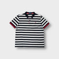 Fred Perry polo shirt in black and white stripes with a red embroidered laurel wreath logo.