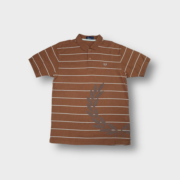 Fred Perry polo shirt in brown with thin white stripes and embroidered chest logo