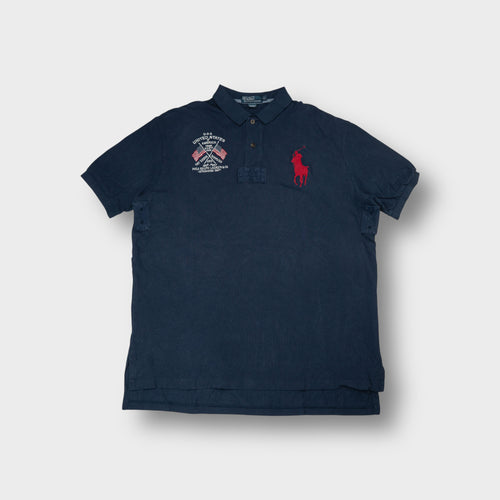 Ralph Lauren polo shirt in navy with red embroidered big pony and USA flags graphic