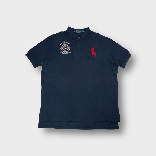 Ralph Lauren polo shirt in navy with red embroidered big pony and USA flags graphic