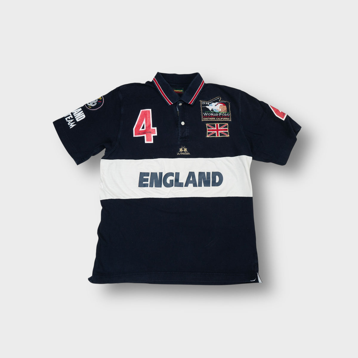 La Martina polo shirt in navy with England patches and World Polo Championship badge