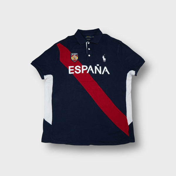 Ralph Lauren polo shirt in navy blue with red sash, España crest and white logo