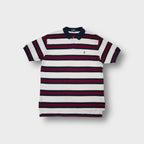 Ralph Lauren polo shirt in white and navy with horizontal red stripes and chest logo.