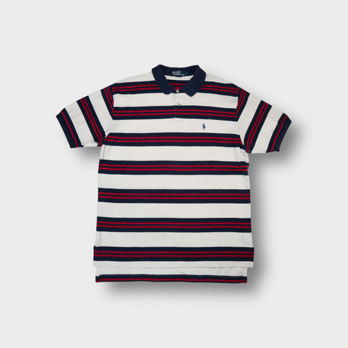 Ralph Lauren polo shirt in white and navy with horizontal red stripes and chest logo.