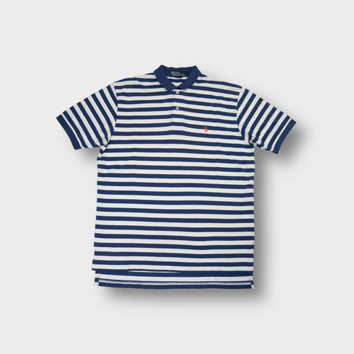 Ralph Lauren polo shirt in blue and white stripes with orange embroidered chest pony