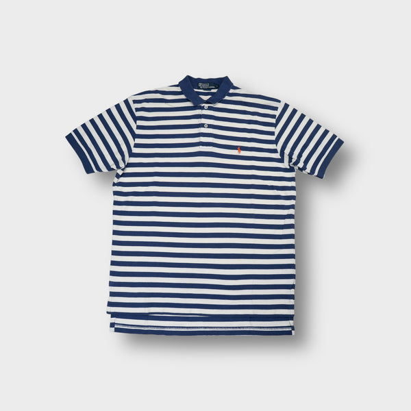 Ralph Lauren polo shirt in blue and white stripes with orange embroidered chest pony
