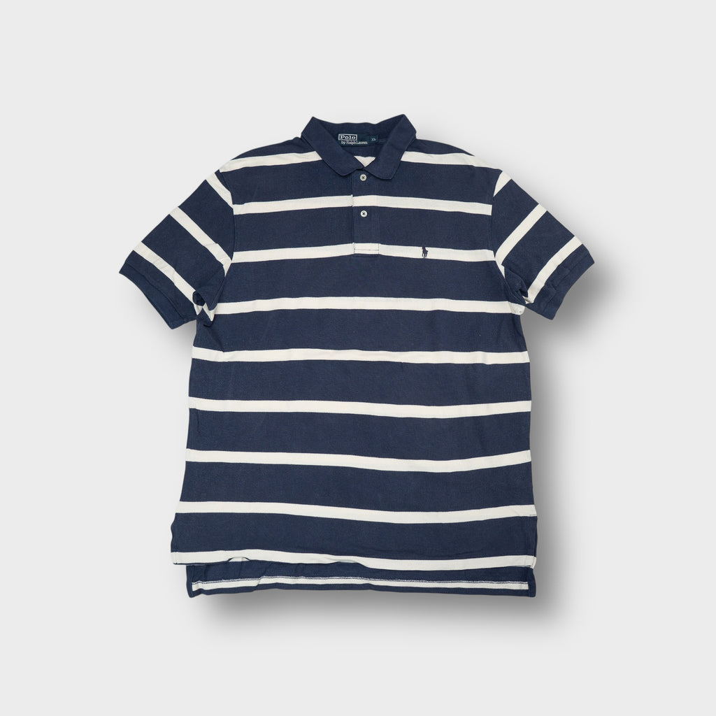 Ralph Lauren polo shirt in blue and white with horizontal stripes and embroidered logo.