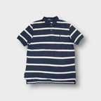 Ralph Lauren polo shirt in blue and white with horizontal stripes and embroidered logo.