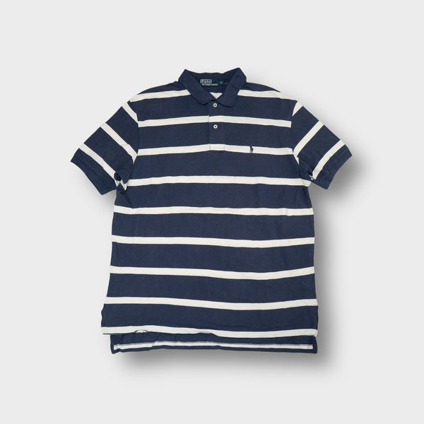 Ralph Lauren polo shirt in blue and white with horizontal stripes and embroidered logo.