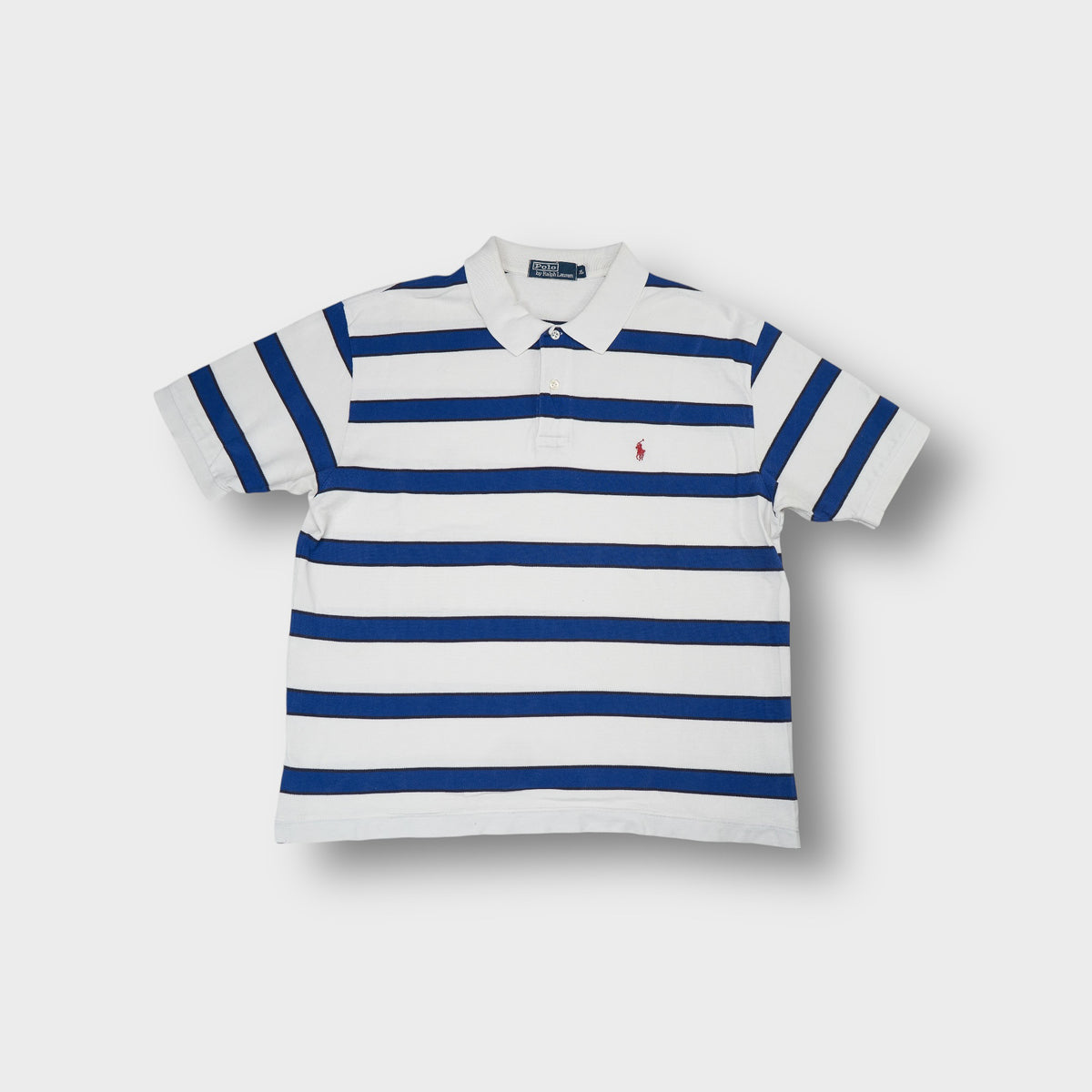 Ralph Lauren polo shirt in white and blue stripes with an embroidered red pony logo.