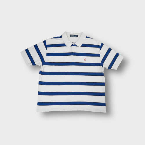 Ralph Lauren polo shirt in white and blue stripes with an embroidered red pony logo.