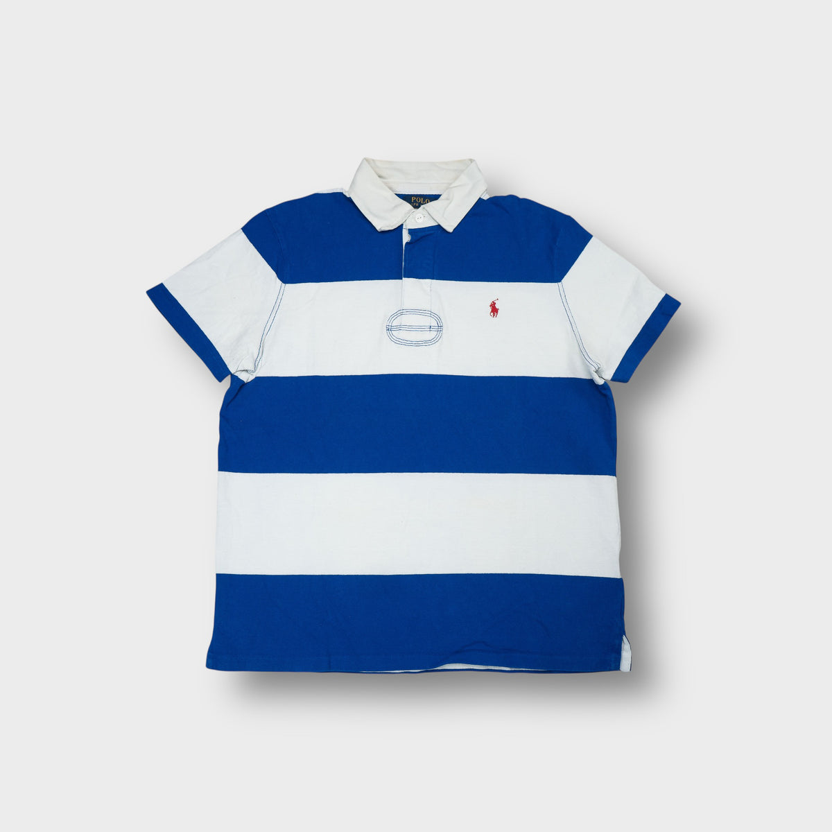 Polo Ralph Lauren polo shirt in blue and white featuring wide block stripes