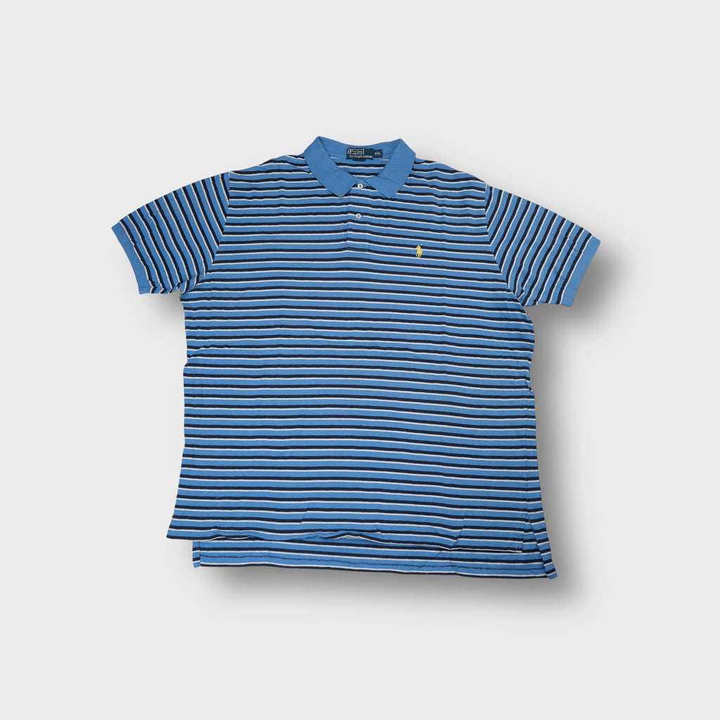 Ralph Lauren polo shirt in blue striped pattern with yellow embroidered chest logo