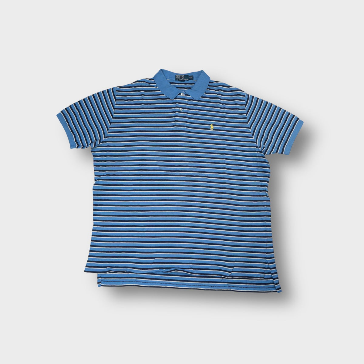 Ralph Lauren polo shirt in blue striped pattern with yellow embroidered chest logo