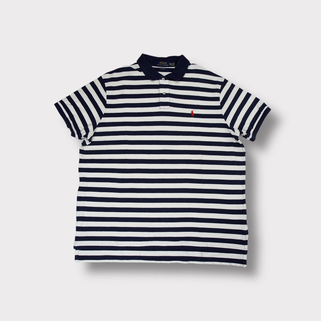 Ralph Lauren polo shirt in navy and white stripe with red embroidered logo