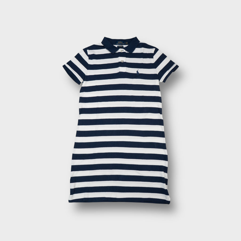 Ralph Lauren polo shirt in navy and white horizontal stripes with embroidered pony logo.