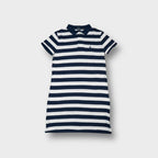 Ralph Lauren polo shirt in navy and white horizontal stripes with embroidered pony logo.