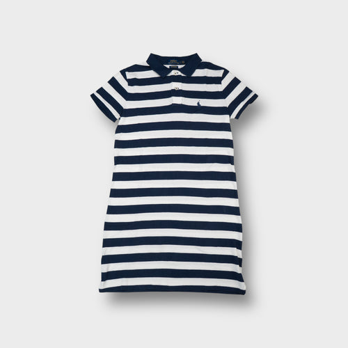 Ralph Lauren polo shirt in navy and white horizontal stripes with embroidered pony logo.