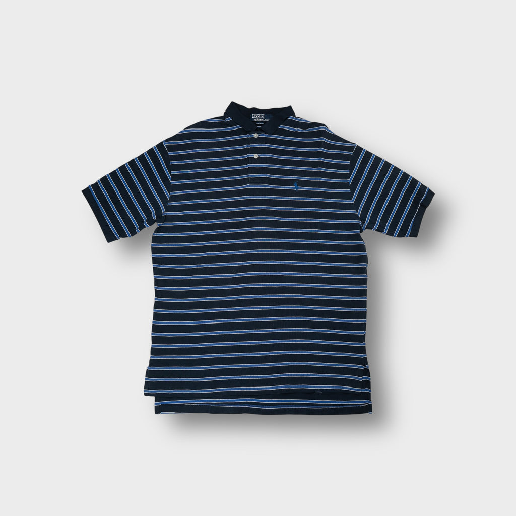 Ralph Lauren polo shirt in navy blue striped pattern with embroidered chest pony logo