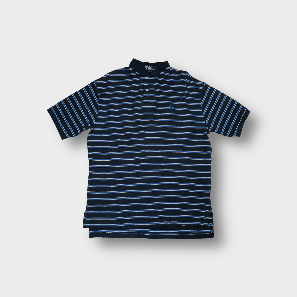 Ralph Lauren polo shirt in navy blue striped pattern with embroidered chest pony logo