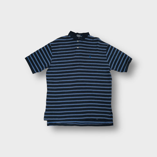 Ralph Lauren polo shirt in navy blue striped pattern with embroidered chest pony logo