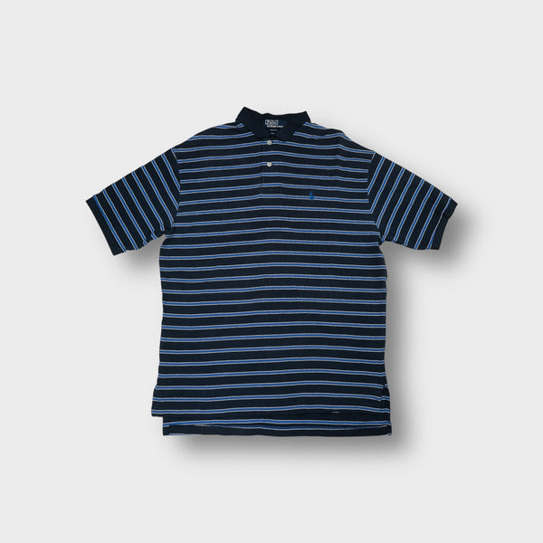 Ralph Lauren polo shirt in navy blue striped pattern with embroidered chest pony logo