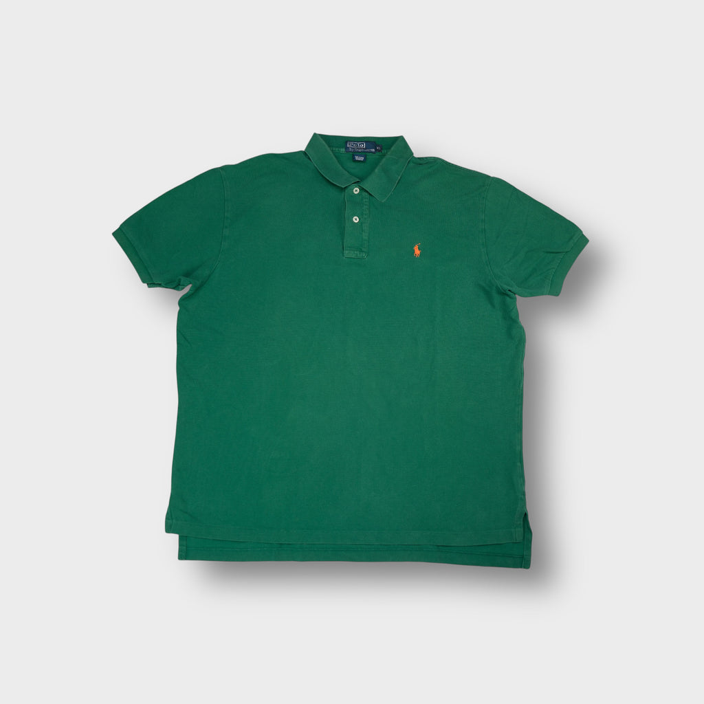 Ralph Lauren polo shirt in green with orange embroidered polo player logo on chest