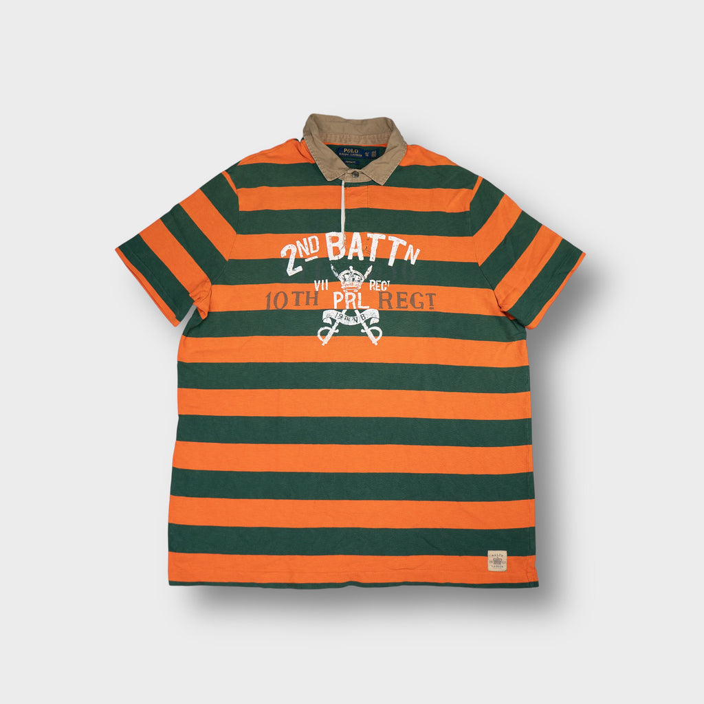 Ralph Lauren polo shirt in orange and green stripes with 10th PRL Regt chest print