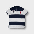 Ralph Lauren polo shirt in navy and white with large red pony embroidery.