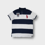 Ralph Lauren polo shirt in navy and white with large red pony embroidery.