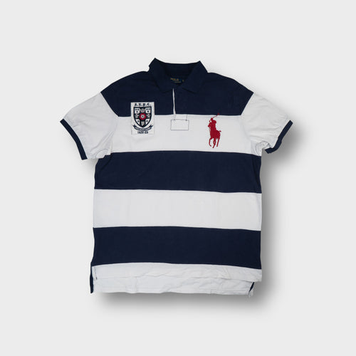 Ralph Lauren polo shirt in navy and white with large red pony embroidery.