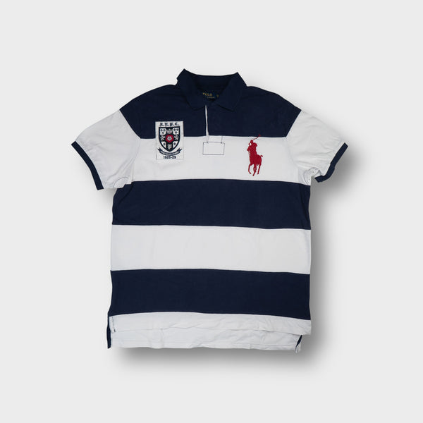 Ralph Lauren polo shirt in navy and white with large red pony embroidery.