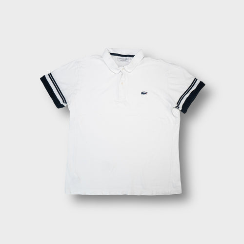 Lacoste polo shirt in white with navy cuff stripes and embroidered crocodile chest patch