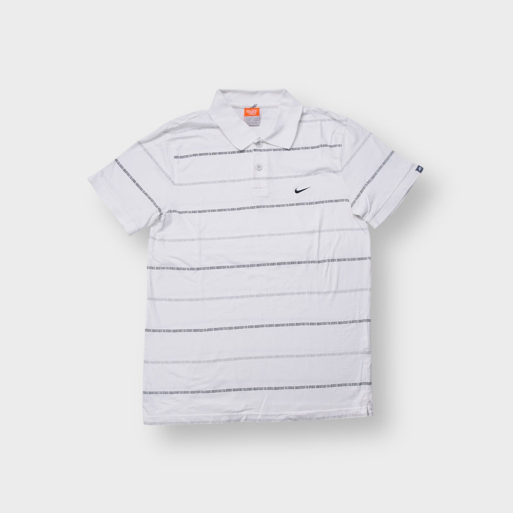 Nike polo shirt white with text pin stripes and small chest embroidered swoosh logo